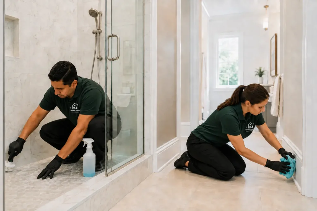 London Fresh cleaners scrubbing a shower and wiping baseboards during deep cleaning in London, Ontario