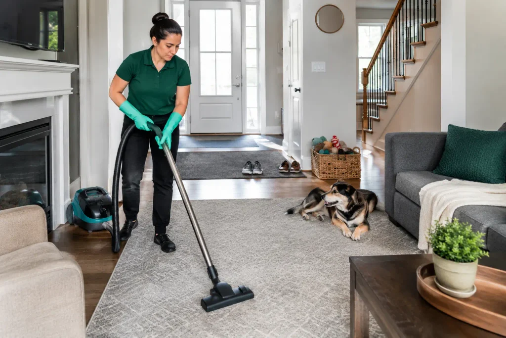 Cleaner vacuuming a high-traffic living room in a home with a dog