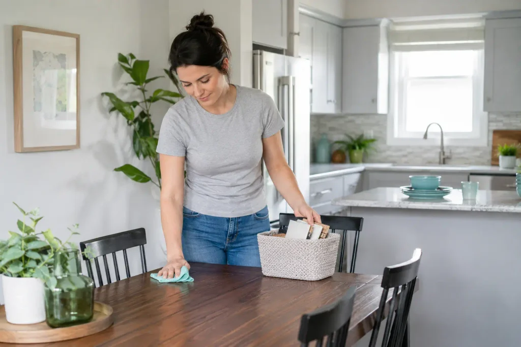 Homeowner doing light table cleaning between recurring house cleaning visits