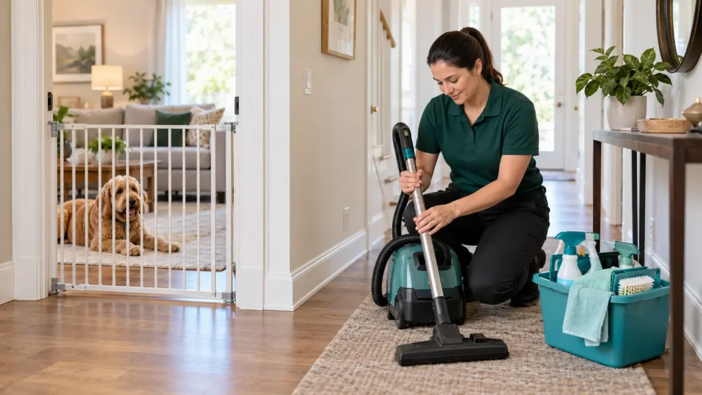 Dog resting behind a safety gate while a professional cleaner prepares a vacuum in the hallway.
