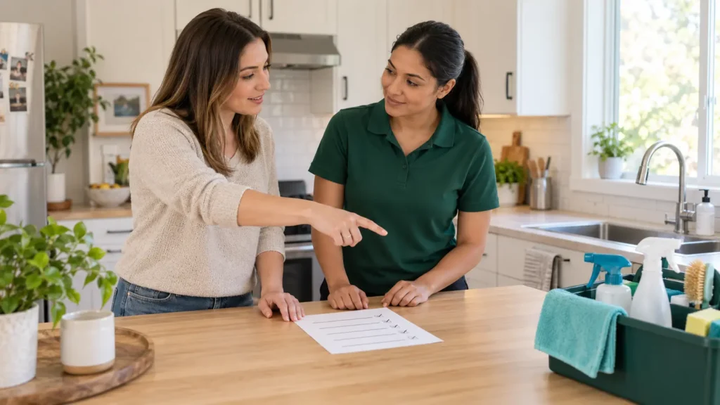 Homeowner and professional cleaner reviewing house-cleaning priorities at a kitchen island.